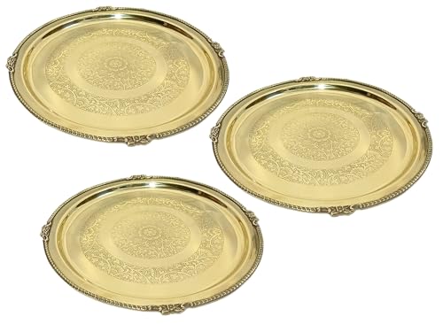 Image of A & H ENTERPRISES Designer Brass Plate for Dinner /Thali /Brass Plate for Pooja Heavy Big Size Plate Dinnerware Serveware (Beautiful Floral Design, 30 cm) - Set of 3 Pc Dinner Plate
