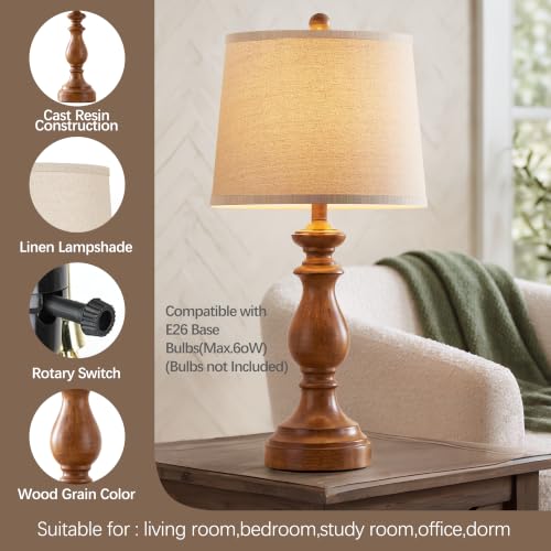 Image of PARTPHONER Traditional Table Lamp Set of 2, Rustic Farmhouse Table Lamps for Living Room Bedroom, 27 inch Bedside Desk Lamps Vintage Nightstand Lamps with Linen Shades, Wood Grain