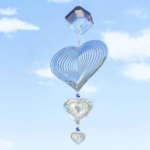 Wind Spinners Outdoor with Solar Light for Yard Decorations, 3D Heart Shape, 25 Inch, Stainless Steel Reflective for Yard, Wind Spinners Outdoor Hanging
