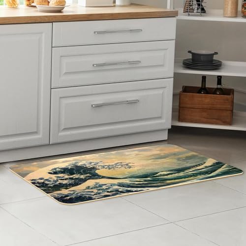 Tapete de cocina absorbente de olas japonesas lavable de 2 piezas 7