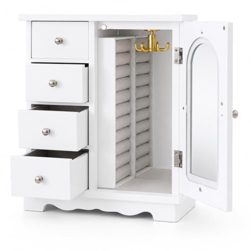ZGZD White Jewelry Box for Girls Wooden Makeup and Accessories Organizer Ring Storage with 4 Drawers and Swing Door