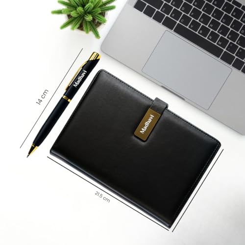 Image of Giftana Personalized Notebook Diary with Pen Gift Set for Men and Women, 2 in 1 Customized Office Diaries A5 Size Notebook, Diwali Gifts, Personalised New Year Corporate Gifts for Employees (Black Golden)