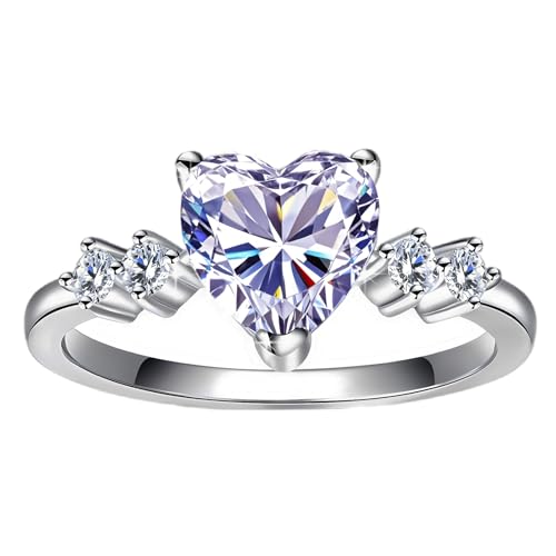 Moissanite Rings, Heart Engagement Rings White Gold Plated Promise Ring Sterling Silver Band for Women Size 5-10