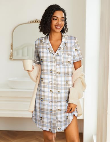 Image of Ekouaer Nightgowns for Women 2 Pack Button Down Sleepwear Short Sleeve Sleepshirts Soft Nightshirts Boyfriend Pajama Dress