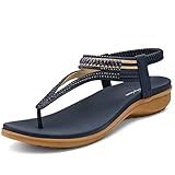 Littleplum Women's Summer Sandals Casual Comfortable Flip Flops Beach Shoes Ankle T-Strap Thong Elastic Flat Sandals for Women Blue Size 9