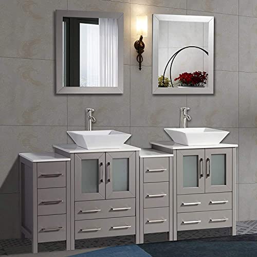 Vanity Art 72 Inch Double Sink Bathroom Vanity Compact Set 4 Cabinets 2 Shelves 10 Dove-Tailed Drawers Quartz Top And Ceramic Vessel Sink Bathroom Cabinet With Free Mirror Va3124-72-G #TOP7