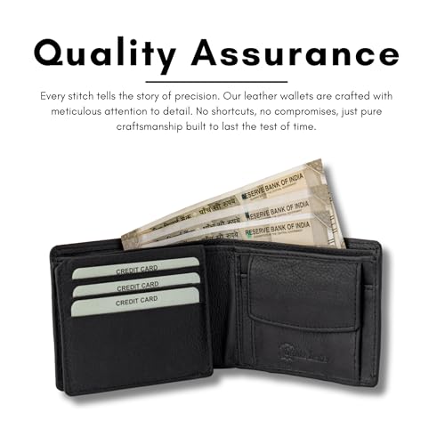 Image of Black Genuine Leather Wallet for Men with RFID Blocking | 6 Card Slots, Coin Pocket | Bi-Fold Design