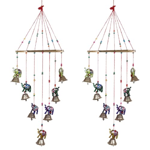 Image of Bindian Handcrafted Rajasthani Wind Chime with Bells, Multicolour, 72x23 cm, Traditional Wall Hanging for Home, Garden & Balcony (Elephant-2)