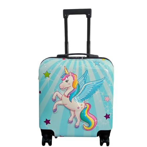 Image of Kids Carry On Luggage with Wheels,18-inch Hard Shell Suitcase Lightweight Toddler Rolling Trolly with Retractable Handle,Durable Hardside Spinner Trolly for Airplane Travel (Blue Unicorn)