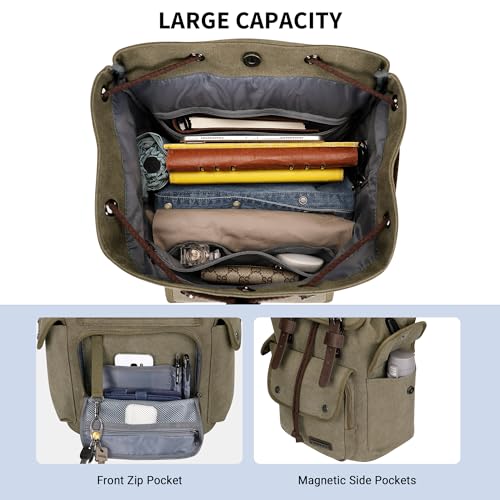 Image of WITZMAN Canvas Backpack for Men Vintage Rucksack Fits 15.6 inch Laptop | Drawstring Backpack, Travel High Capacity Casual Daypack with USB Charging Port, For Vacation, Overnight Trip, A8004 Green