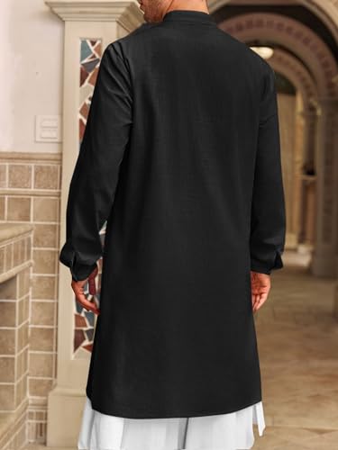 Runcati Mens Kaftan Thobe Button Down Henley Shirts Robe Long Sleeve Casual Cotton Linen Muslim Gown Shirt3