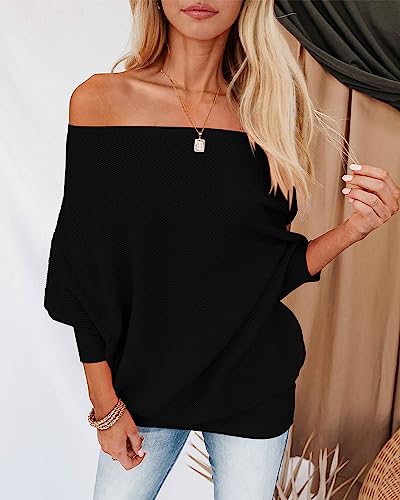 Zenlonr Women's Fall Sweaters 2025 Casual Long Batwing Sleeve Loose Off Shoulder Knit Pullovers Jumper Tops4
