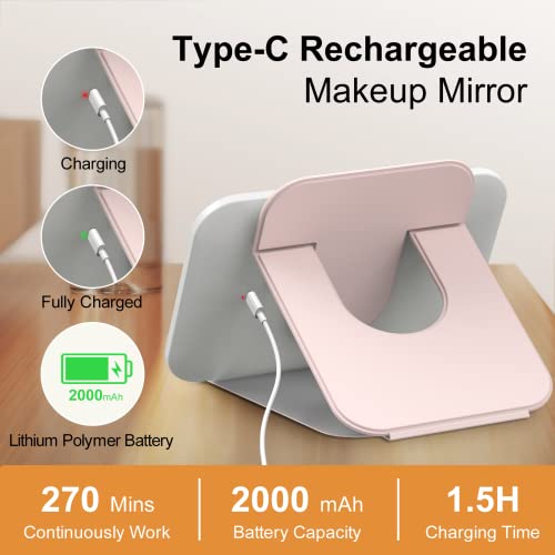 Gospire Foldable Led Travel Makeup Mirror With 60 Led Lights, Rechargeable Compact Mirror With 3 Color Lights & Adjustable Brightness, Lighted Vanity Mirror Folding Travel Mirror With Lights - Pink #TOP1