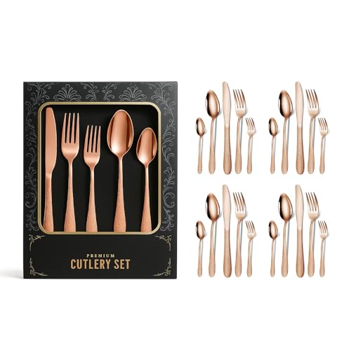 Image of aDai Premium 20 Piece Stainless Steel Cutlery Set | Elegant Hammered Handle Flatware | Includes Spoon Fork Knife Teaspoon | Durable Rust Resistant | Perfect for Gifting (Rose Gold)