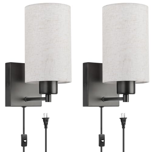 Image of KOONTING Plug in Wall Sconce Set of 2, Rustic Wall Lamp Wall Light Fixture | With Plug-in Cord and On /Off Toggle Switch, Grey Fabric Shade Wall Light for Headboard Bedroom Living Room (Circle-Linen)
