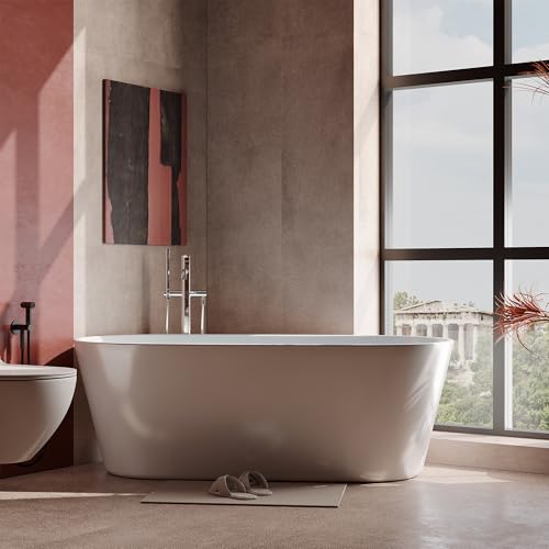 Image of 59 InchFreestanding Bathtub Acrylic Soaking Tub with Integrated Overflow, Modern Freestanding Tub /Free Standing Tub for Small Bathroom Remodel, Deep Soaking Comfort, Stand Alone Tub Spa Feel