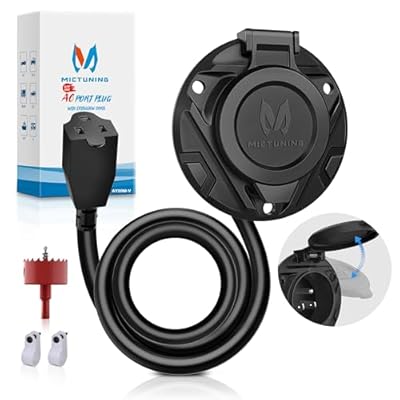 MICTUNING AC Port Plug with Power Inlet Socket 15A 20 Inch Extension Cord, Water Resistant Auto Shut Cover, Hole Saw & Screws Included, Black