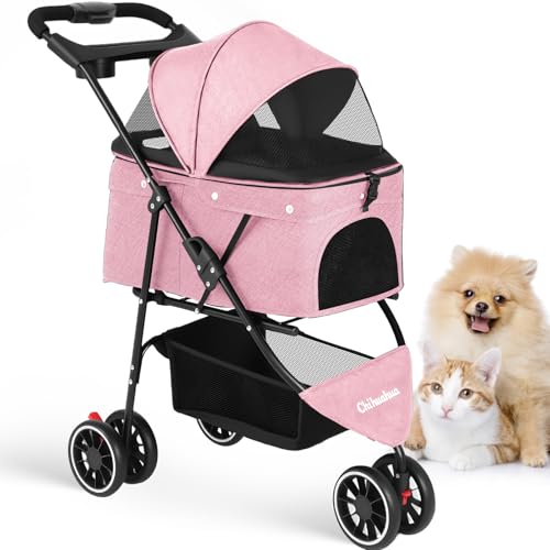 Carrito de 3 ruedas para perros pequeños y medianos con portavasos y fácil montaje de color rosa