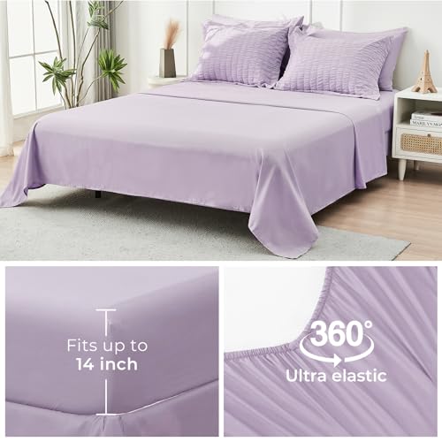 Image of HYMOKEGE Lavender Oversized King Comforter Set Seersucker 7 Pieces, All Season Luxury Bed in a Bag for Bedroom, Bedding Set with Comforter, Sheets, Pillowcases & Shams