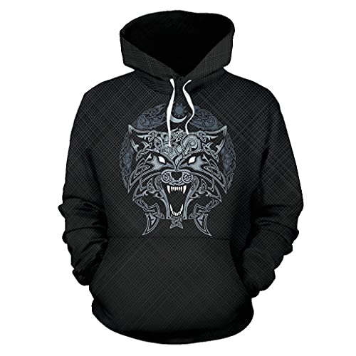 Sweat à capuche Viking homme avec imprimé loup Fenrir 3D et poche