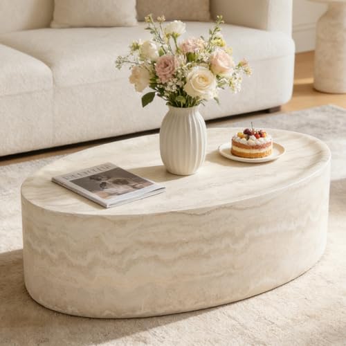 YOPENG 43.7' Oval Marble Coffee Table, Modern Round Coffee Tables, Faux Stone Center Tables, Small Accent Tea Table, Luxury Fiberglass Side End Table for Living Room Aparment Office, No Assembly