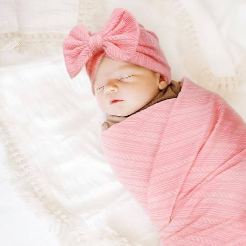 Image of AQOKKA Baby Swaddle Blankets with Bow Hat Headband Set Wheat-Pattern Infant Receiving Blankets Swaddles for Newborns Unisex Toddler Swaddle Wrap Sets for Baby Girls Boys Nursery Warm Shower Gift