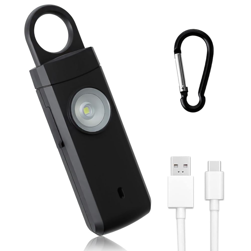 Alarma de Seguridad Personal, Dispositivo de Defensa Portátil, Llavero con Sirena de 130dB y Luz Led Estroboscópica, Llavero Alarma para Mujeres Mayores y Niños(Negra)