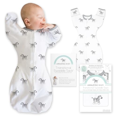 Amazing Baby Transitional Swaddle Sack, Cotton, Little Zebra, 3-6mo | Arms Up Half-length Sleeve Partially Suppress Moro reflex, Most Gradual Transition Swaddle for Newborn, Safe for Rolling Baby