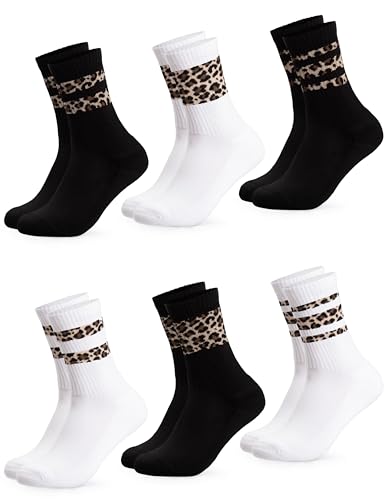 Occulto Damen Leoparden Muster Tennis Socken 6er Pack (Modell: Nala) Schwarz Weiß 39-42