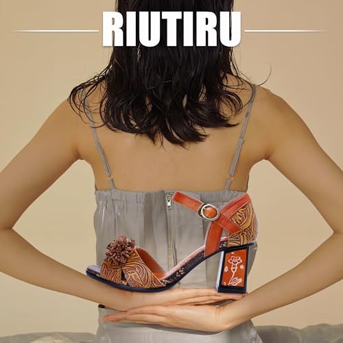 Riutiru Women's Handmade Lambskin Retro Casual Sandals for Spring and Summer, Contrast 3D Color-blocking Flower Comfortable High-heeled Sandals for Women2