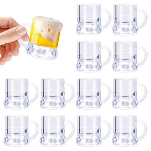 12 Pack Mini Beer Mug Shot Glasses, 1 Oz Clear Plastic Cups with Handles