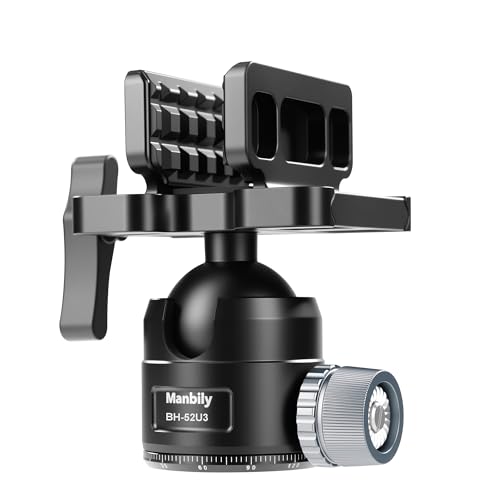 Manbily BH-52U3 Ball Head with Clamp for Tripods, Monopods, Low Profile 52mm Diameter Tripod Head Saddle 360° Rotatable for Shooting, Max Load 25kg