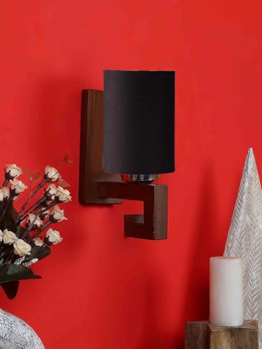 Image of Wall Lamp with Wooden Base (H- 10.9 Inch, Black) Wall Sconce for Bedroom /Living Room, Study Room, Home Office Decor | Decorative Indoor Lighting, Warm Ambient Night Light Lamp | Barrel Shape