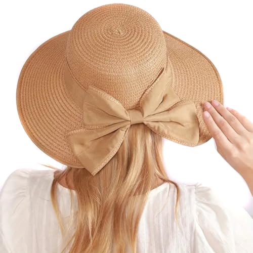 Womens Travel Foldable Beachwear Sun Hat Straw Hat UPF 50+ Floppy Garden Hat Lightweight Packable Beach Sun Hat Wide Brim Cap with Big Bowknot Khaki