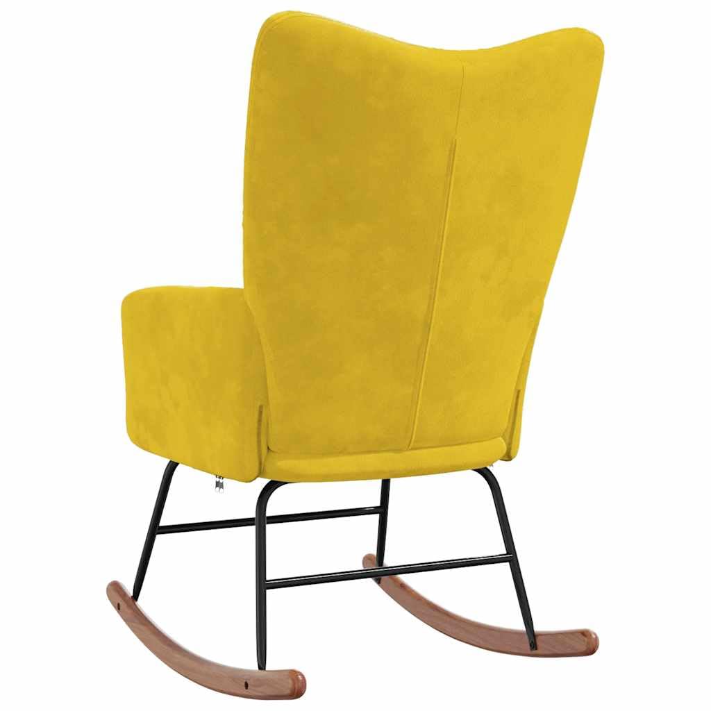 Sillón mecedora de terciopelo amarillo mostaza con acolchado espumado, estructura de acero y patines de madera, dimensiones totales 61 x 78 x 98 cm, para salón y balcón