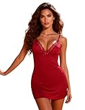 ohmydear Camisón de algodón modal pijama de verano sexy lencería sexy mujer cruvy Babydoll elegante con acolchado vestido cómodo para dormir debajo de la bata cuello en V, rojo, L