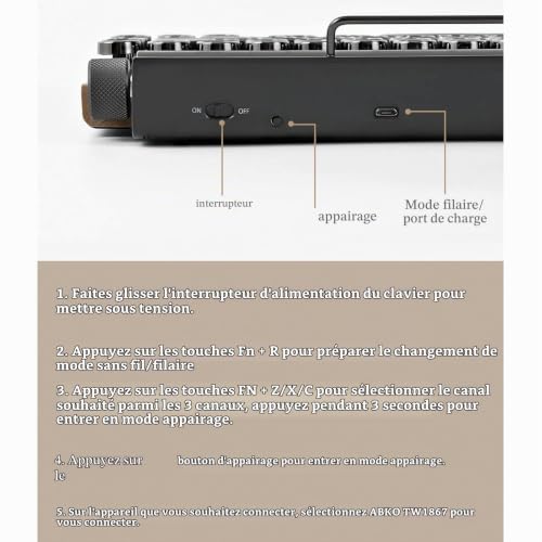 Leapiture Clavier Mécanique Vintage sans Fil, Luminosité Réglable, Clavier de Machine à Écrire, Clapet Mécanique de Style Rétro Au Design Unique, Idéal pour L'étude Et Le Bureau – vue 5