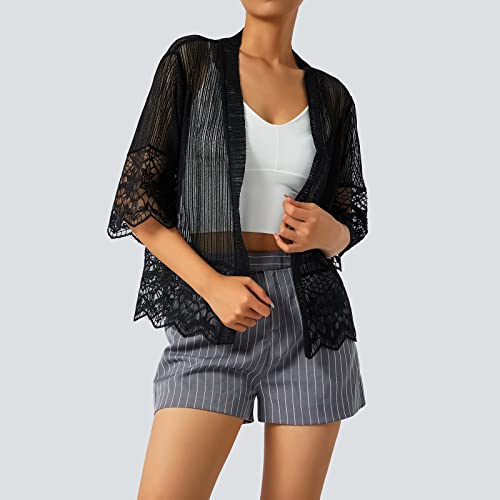 Women's Short Cardigan Sheer Mesh Bolero Shrug 3/4 Sleeve Crop Tops Lace Jacket Beach Cover up for Dress2