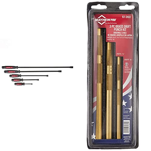 Mayhew 61366 Dominator Pry Bar Set, Curved, 5-Piece and Mayhew Pro 61360 3 Pc. Brass Drift Punch Set