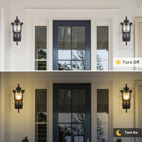Image of JYZ 15 inch Outdoor Wall Light Lantern, Anti-Rust Exterior Wall Sconce with Hammered Water Ripple Glass, Waterproof Matte Black Outside Lighting Fixture for Front Door, Porch, Garage