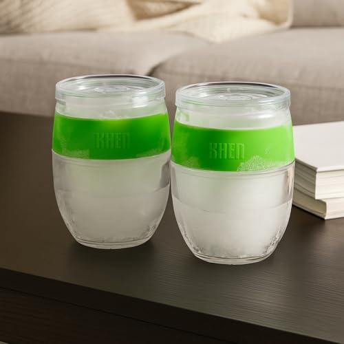 Image of Freezable Wine Tumbler Set with Lids & Green Grip - 2 Set - 13 oz Tumblers Insulated Cooling Gel Glasses - Reusable Double Wall Stemless Cups for Keeping Drinks Cold, Outdoor Entertaining & Gifts