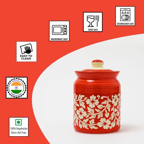 Image of D'Maiolica Pickle Jars in 1000ml (set of 2) | Handpainted Floral Pattern 1 kg Achaar Martban | Ceramic Container Set for Kitchen Storage (Pack of 2) (Red Full Floral)