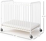 Foundations Chelsea Slatted Metal Compact Daycare Crib, 3" Casters, Compact Mini Size, Easy to Clean Durable Finish, Adjustable to Two Heights Mattress Board, White