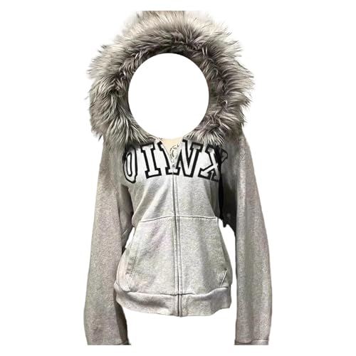 OANTGM Y2k Zip Up Hoodie Fur Jackets Emo Grunge Crop Winter Coats Teen Streetwear 2000s Vintage (Grey03,M,Medium)