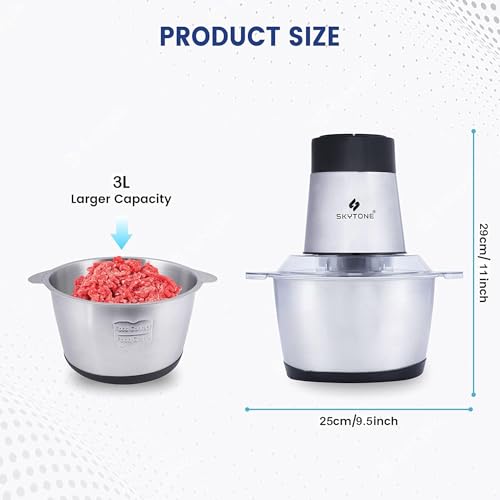 Image of SKYTONE Electric Chopper, Meat Chopper With Stainless Steel Bowl Heavy 700W Motor - 2 Speed Modes For Kitchen Food Processor, Meat, Vegetables, Onion, Mince (3 Liter)