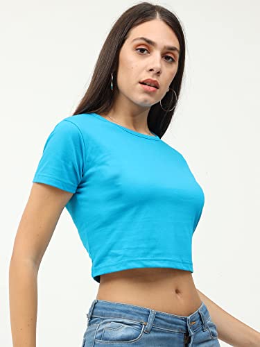 Image of FLEXIMAA Women's Cotton Plain Round Neck Half Sleeve Crop Top