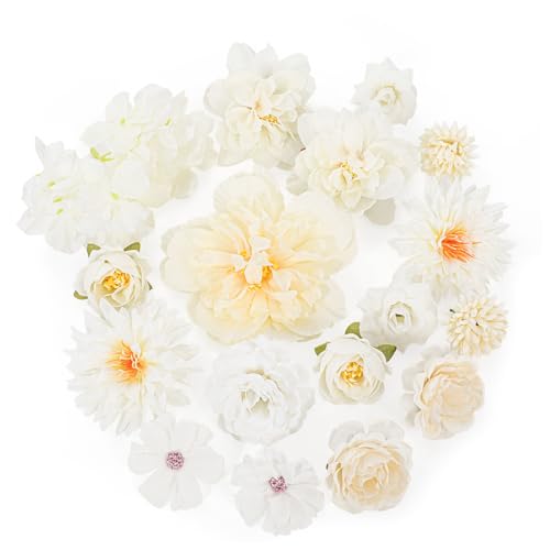 MWOOT 17 Stück Künstliche Blumenköpfe, Kunstblumen für Handwerk, Gefälschte Rosen Pfingstrose Seerose für DIY Hochzeit Party Festival Haus Garten Dekoration, Kunstblumen Deko(Weiß)