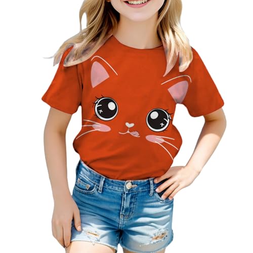 Toddler Girls Crewneck Basic Tees Short Sleeve T-Shirt Kids Solid Cotton Tee Cute Cat Printed Shirt Summer Casual Tops