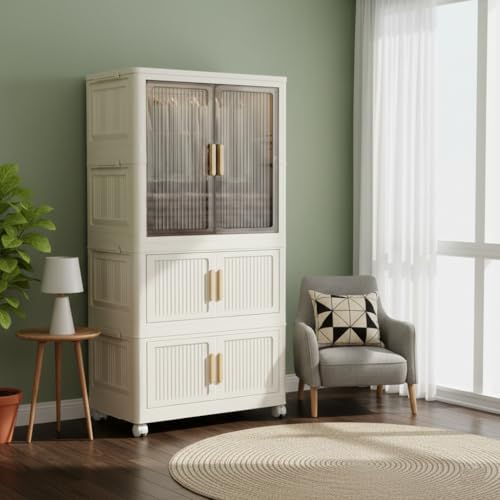Image of KRISHYAM Modular Plastic Wardrobe with Transparent Sliding Doors & Drawer Storage | Multi-Layer Clothes Organizer Cabinet with Wheels (2 Layer - 1 Transparent Door (White))