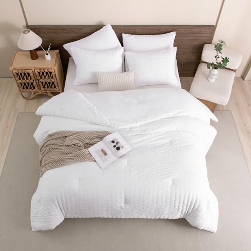 Andency SEERSUCKER WHITE K King Size Comforter Set White, 3 Pieces Seersucker Bedding Comforter Sets thumb #3